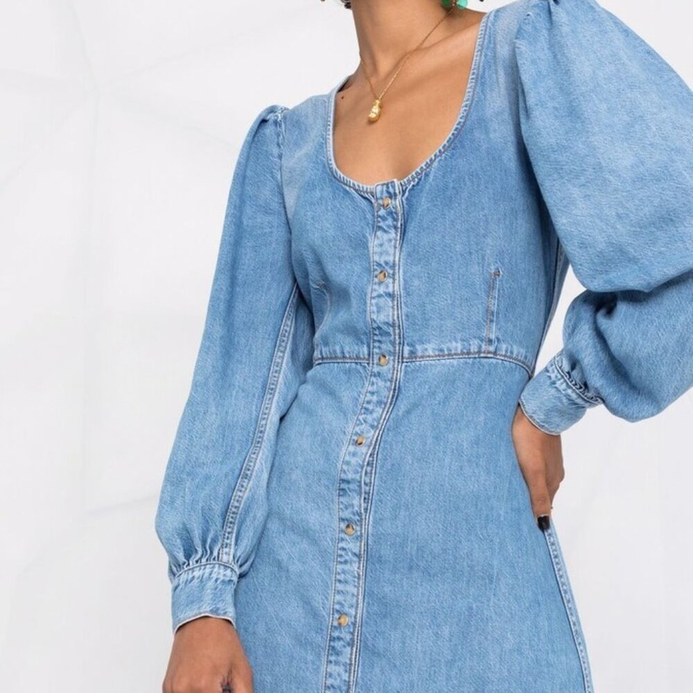 Ganni Long-Sleeve Denim Midi Dress Size 36 - Picture 3 of 5